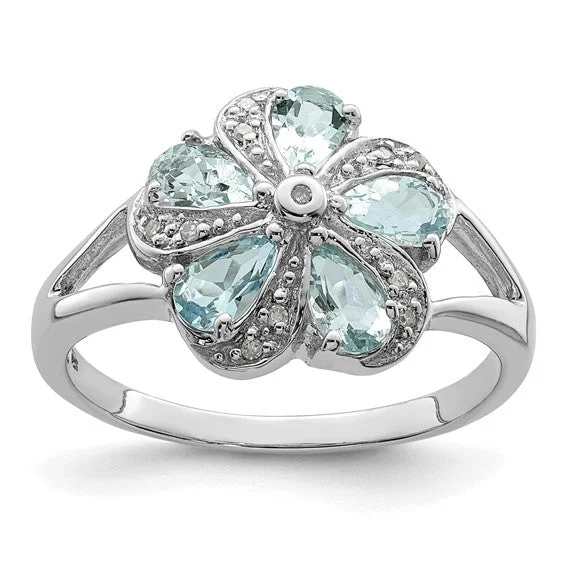 Ladies Rings with Anchor Glow-Sterling Silver Genuine Aquamarine Diamond Flower Ring