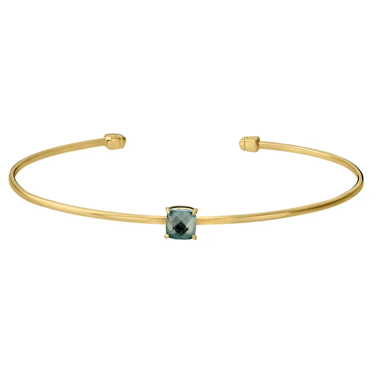 Ladies deco flair bracelets -Gold Finish Sterling Silver Pliable Cuff Bracelet with Faceted Cushion Cut Simulated Blue Topaz Birth Gem - December