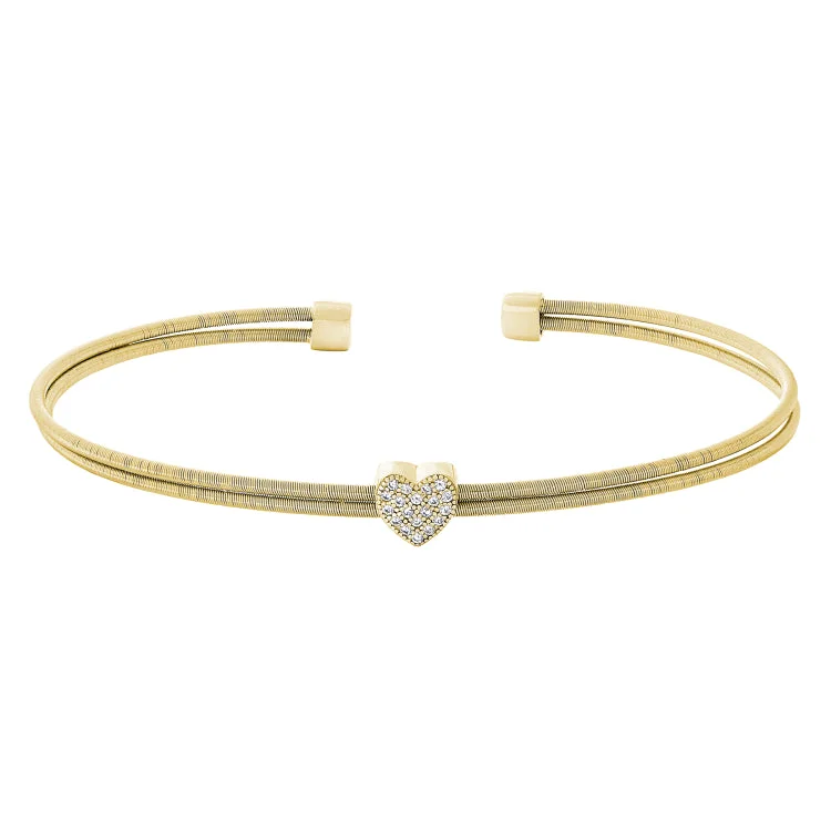 Ladies blooming floral bracelets -Gold Finish Sterling Silver Two Cable Cuff Bracelet with Simulated Diamond Heart