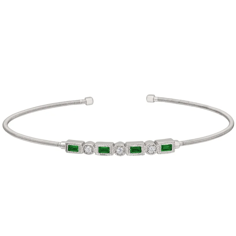 Ladies unicorn magic bracelets -Rhodium Finish Sterling Silver Cable Cuff Bracelet with Simulated Emeralds and Simulated Diamonds