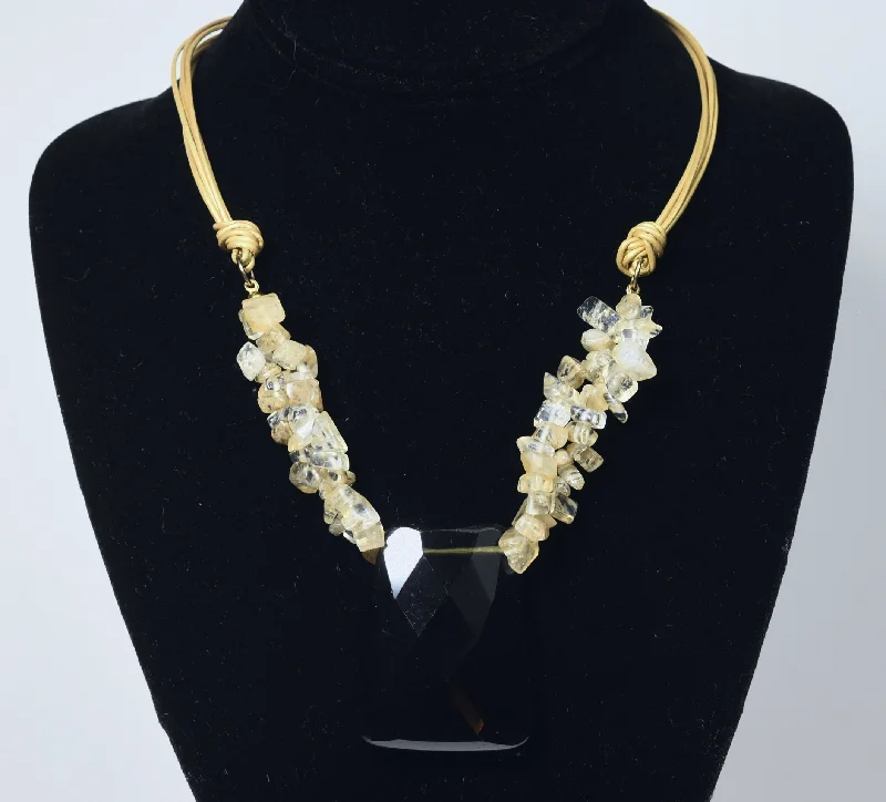 Gleaming platinum necklaces -Multi-Strand Faux Golden Rutilated Quartz Nugget Bead Necklace with Faux Smoky Quartz Pendant