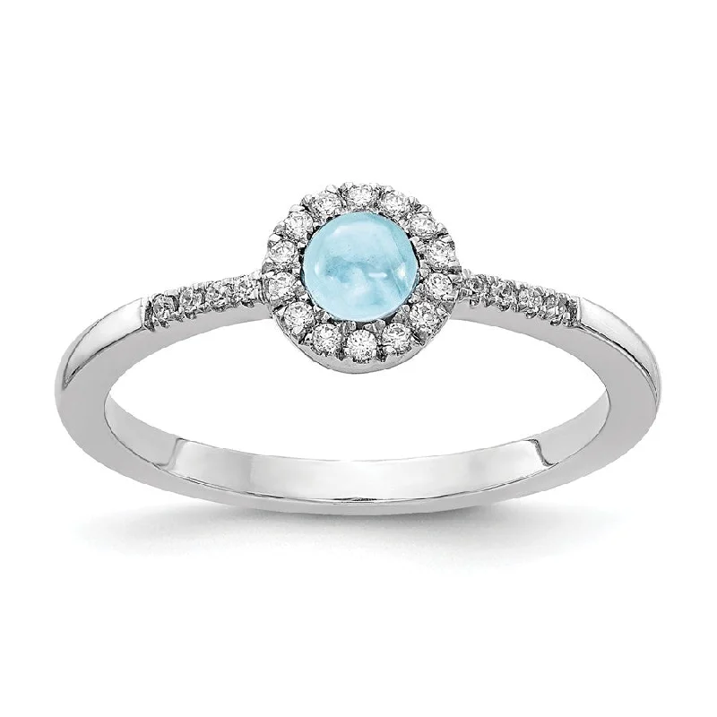 Ladies Rings with Green Aventurine-14k White Gold Diamond Halo And Round Aquamarine Cabochon Ring