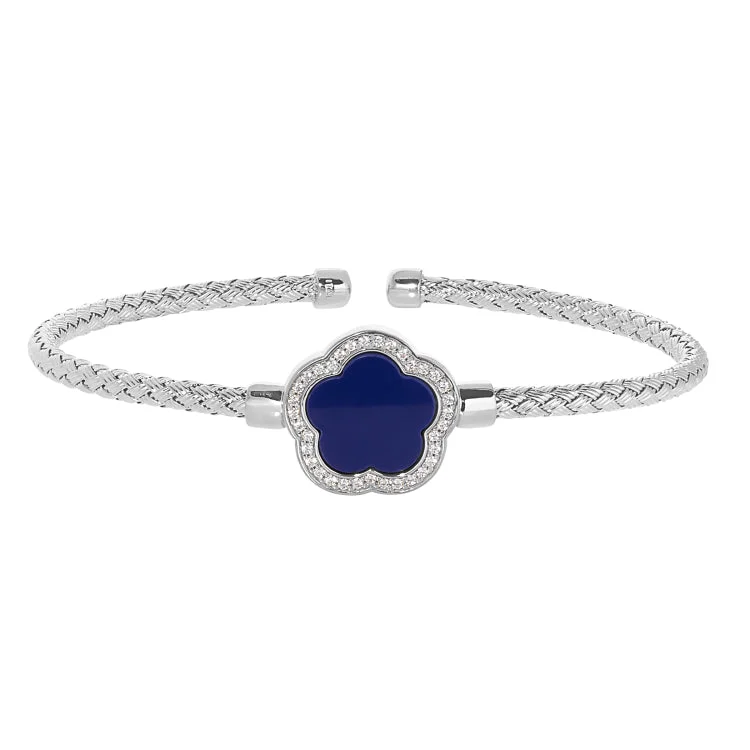 Ladies quiet poise bracelets -Rhodium Finish Sterling Silver Basketweave Cable Cuff  Bracelet with a Flower Shaped Navy Stone and Simulated Diamonds