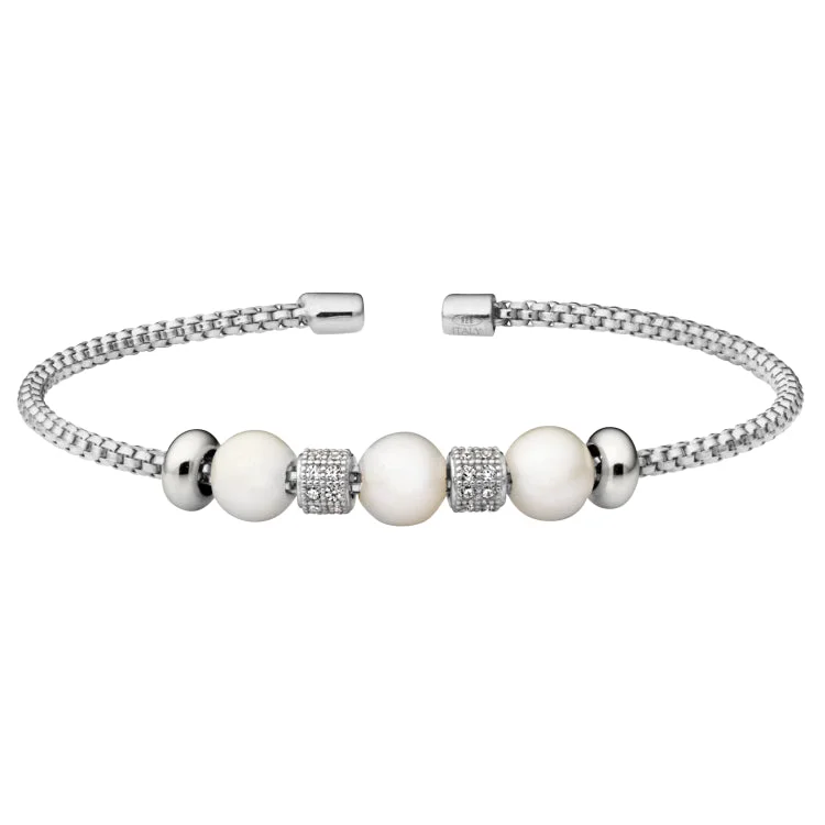 Ladies versatile stretch bracelets -Rhodium Finish Sterling Silver Rounded Box Link Cuff Bracelet with Simulated Pearls and Simulated Diamond Barrels