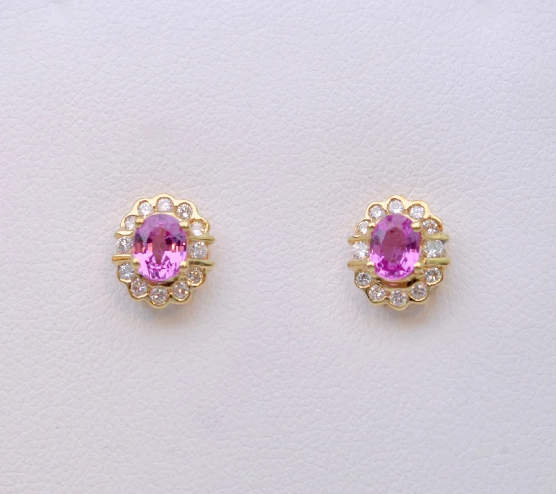 Ladies Earrings with Green Diopside-Diamond and Pink Sapphire Post Earrings in 14K Yellow Gold