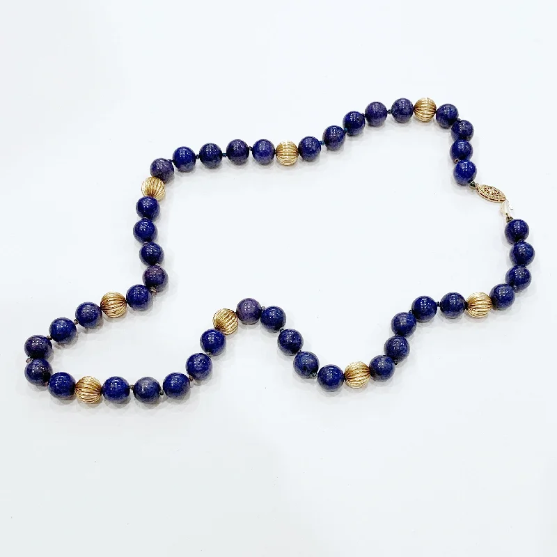 Floral whisper necklaces -Estate Collection Necklace - 14K Gold Fluted Beads w/Lapis Beads