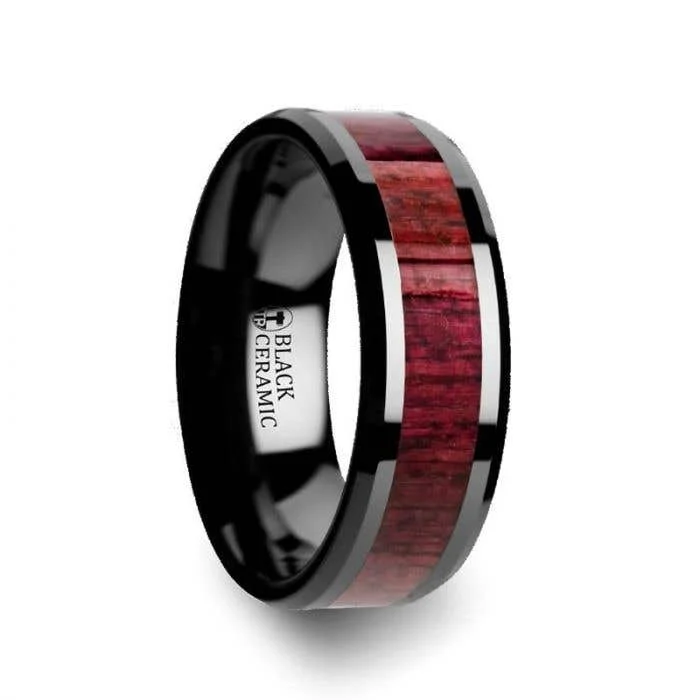 Ladies Rings for Leader Glow-Thorsten MORADO Purple Heart Wood Inlaid Black Ceramic Ring with Beveled Edges - 8mm