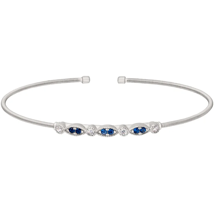 Ladies delicate link bracelets -Rhodium Finish Sterling Silver Cable Cuff Bracelet with Simulated Blue Sapphire and Simulated Diamond Marquis & Round Design