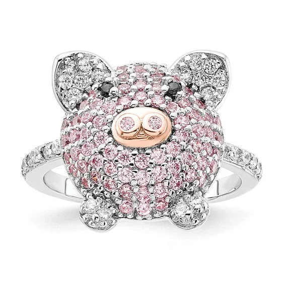 Ladies Rings Dual Shine-Sterling Silver Pink CZ Pig Ring