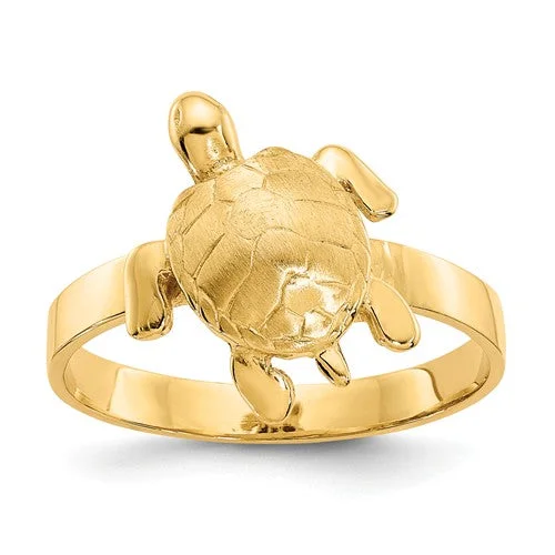 Ladies Rings with Moon Glow-14K Yellow Gold Textured Sea Turtle Ring