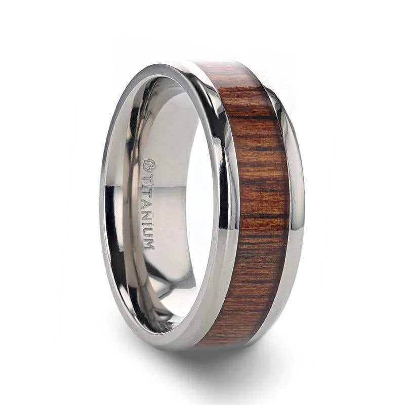 Ladies Engagement Rings with Natrolite Shine-Thorsten KOAN Titanium Polished Finish Koa Wood Inlaid Men’s Wedding Ring with Beveled Edges - 6mm & 8mm