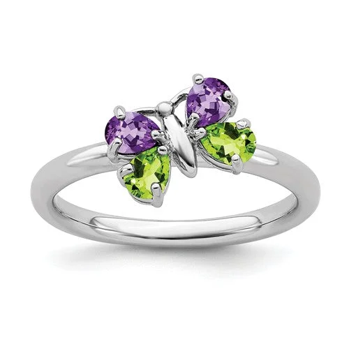 Ladies Rings for Love Spark-Sterling Silver Stackable Expressions Peridot and Amethyst Butterfly Ring