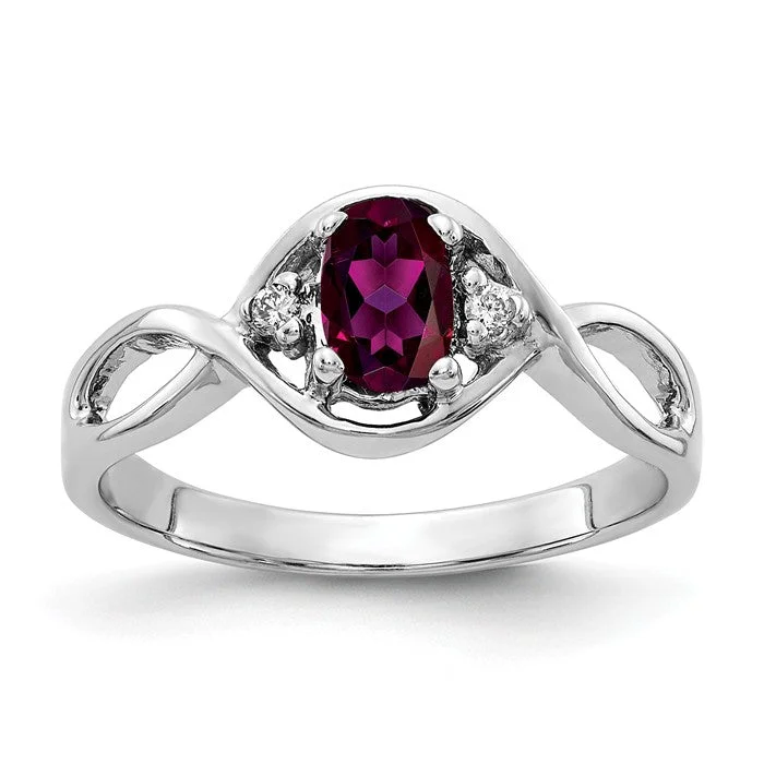 Ladies Rings Budget Glow-14k White Gold 6x4mm Oval Rhodolite Garnet and Diamond Infinity Style Ring