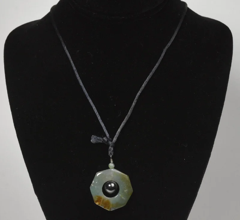 Club vibe necklaces -Nephrite Jade and Magnetite Pendant on Black Silk Cord Necklace