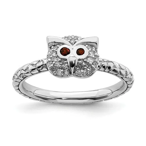 Ladies Rings Simple Shine-Sterling Silver Stackable Expressions Garnet & Diamond Owl Ring