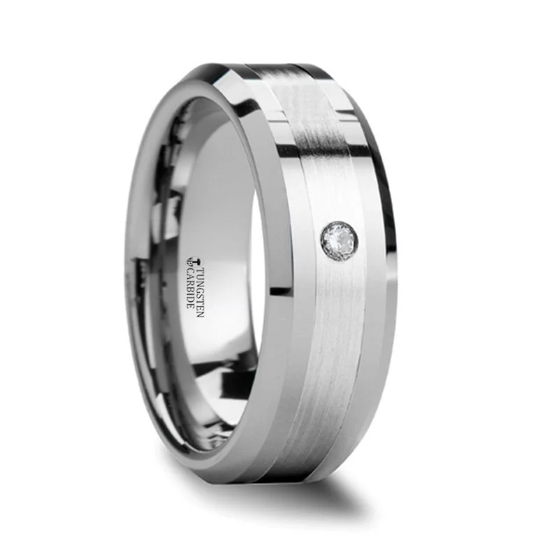 Ladies Rings with Blue Jeremejevite-Thorsten GAUTIER Beveled Tungsten Carbide Ring w/ Palladium Inlaid & Diamond - 8mm