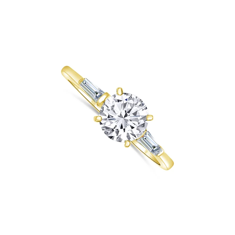 Ladies Engagement Rings with Aquamarine Glow-14K Yellow Gold Diamond Engagement Ring 1.18 carat Center Diamond 0.22 carat Baguette on Each side