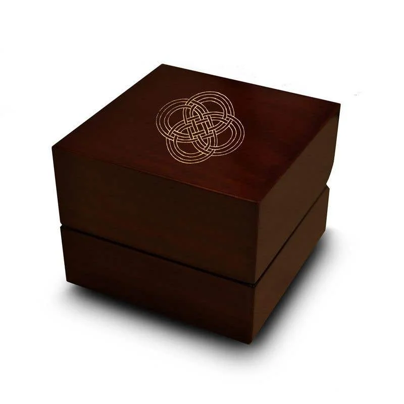 Ladies Engagement Rings Curved Glow-Interconnected Hindu Symbol Engraved Wood Ring Box Chocolate Dark Wood Personalized Wooden Wedding Ring Box