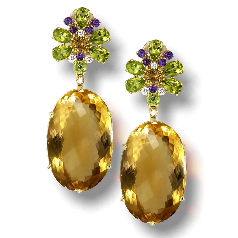 Ladies Earrings with Angel Spark-Gold Blossom Drop Earrings with Citrine & Peridot