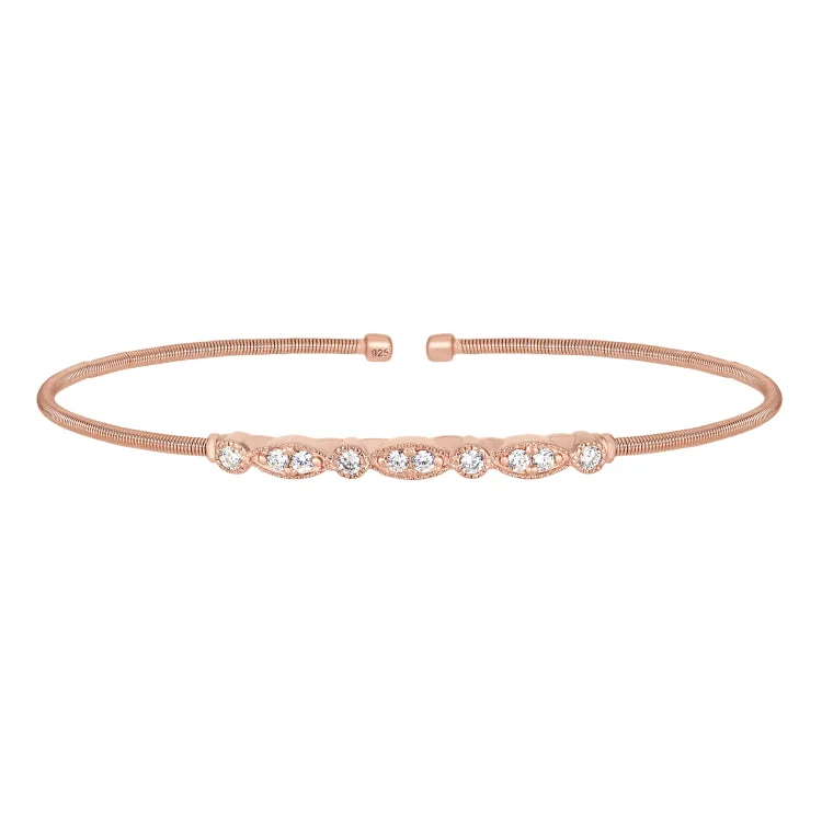 Ladies compass path bracelets -Rose Gold Finish Sterling Silver Cable Cuff Bracelet with Simulated Diamond Marquis & Round Design