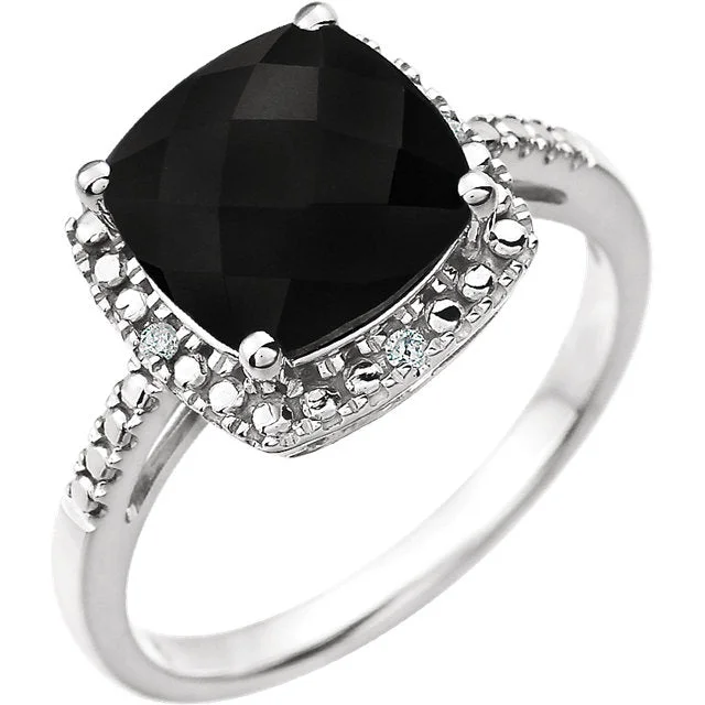 Ladies Rings with Angel Spark-14k White Gold 9mm Cushion Cut Onyx & Diamond Halo-Style Ring