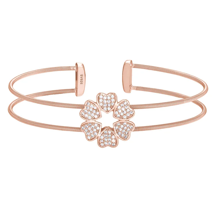 Ladies verdant emerald bracelets -Rose Gold Finish Sterling Silver Two Cable Cuff 5 Hearts Bracelet with Simulated Diamonds