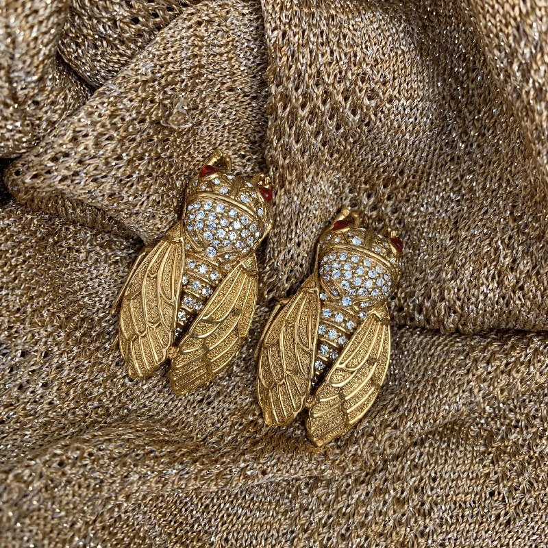 Ladies Earrings with White Thaumasite-Ciner Cicada Gold Clip On Earrings