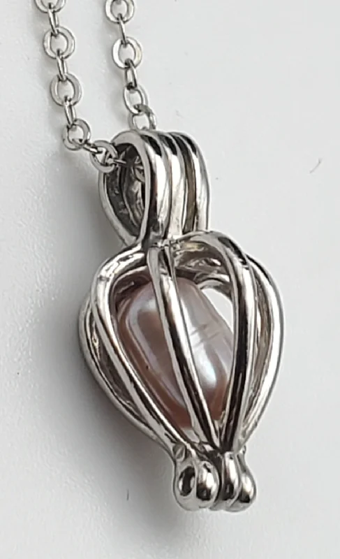 Oval shine necklaces -Pink Pearl Heart Cage Pendant on Sterling Silver Chain Necklace - 16.5"