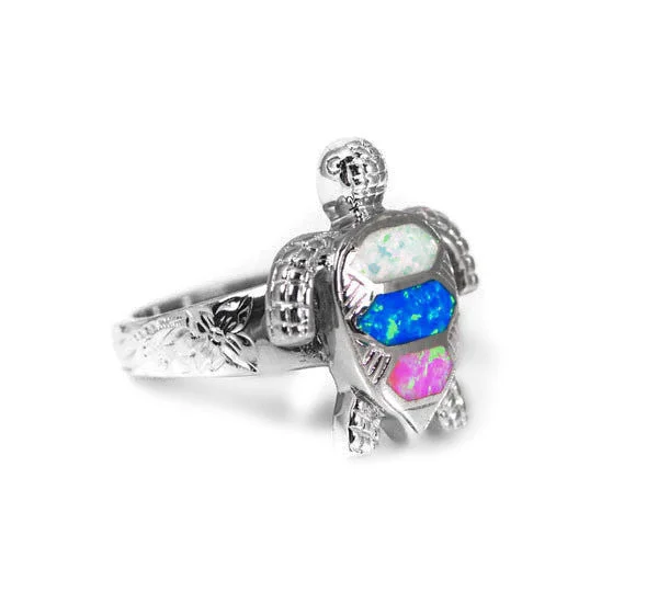 Ladies Rings with Blue Chalcanthite-Sterling Silver Multi-Color Opal Sea Turtle Ring with Hawaiian Floral Band