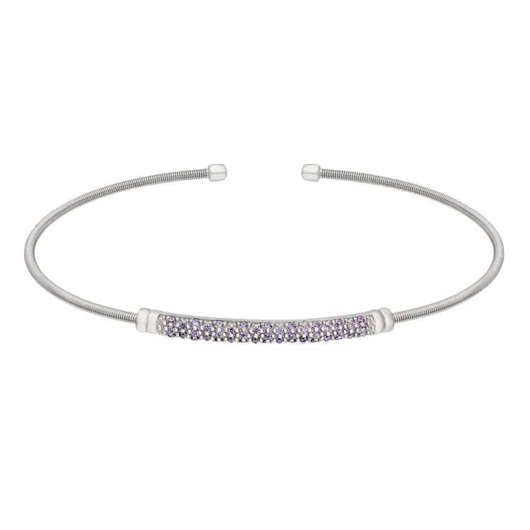 Ladies cultural heritage bracelets -Rhodium Finish Sterling Silver Cable Cuff Bracelet with Three Rows of Simulated Amethyst Birth Gems - February