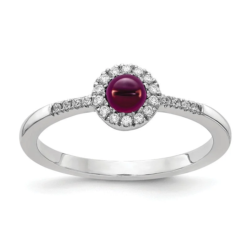 Ladies Rings with Rainbow Fluorite-14k White Gold Diamond Halo And Rhodolite Garnet Chabochon Ring