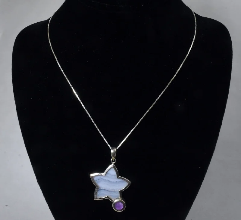 Resin craft necklaces -Sterling Silver Blue Lace Agate and Amethyst Star Pendant on Sterling Silver Chain Necklace