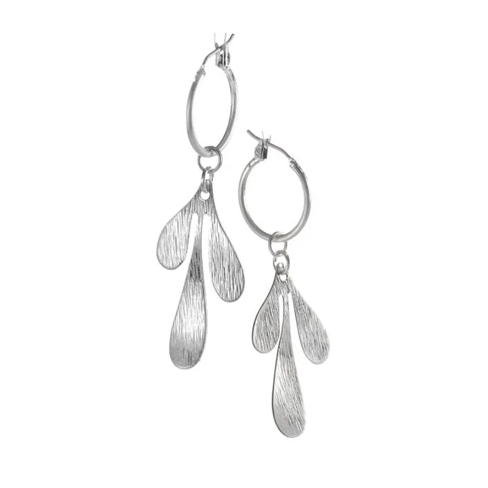 Ladies Earrings with Anchor Glow-Hot Tomato Leaf Charm Captured on Hoop Earrings in Worn Silver