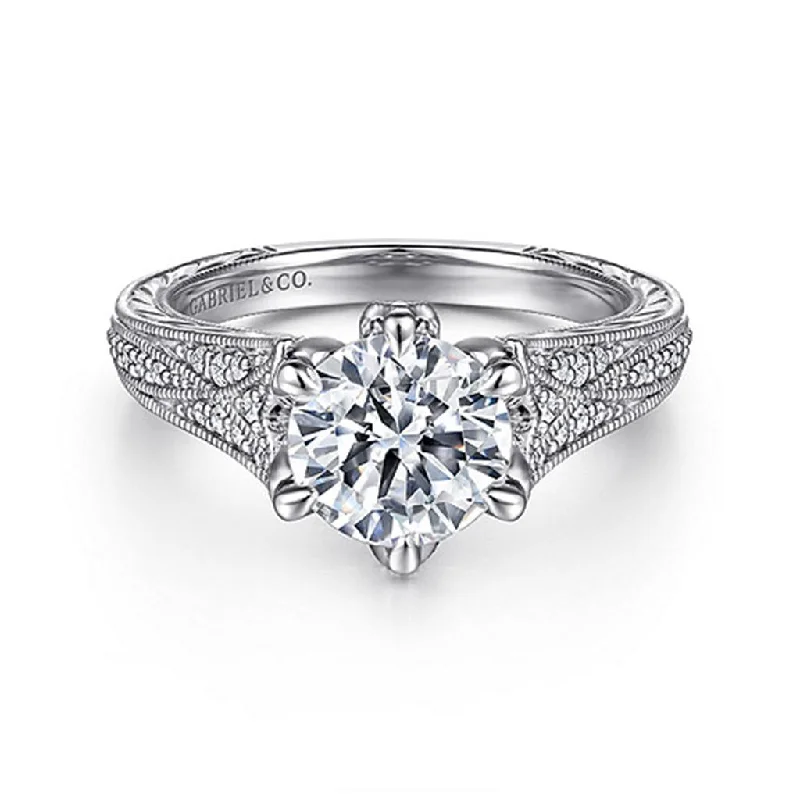 Ladies Engagement Rings Tension Shine-Gabriel & Co Elanie - Vintage Inspired 14K White Gold Round Diamond Engagement Ring