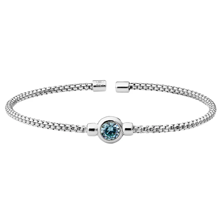 Ladies heirloom treasure bracelets -Rhodium Finish Sterling Silver Rounded Box Link Cuff Bracelet with Bezel Set Simulated Aqua Marine Birth Gem