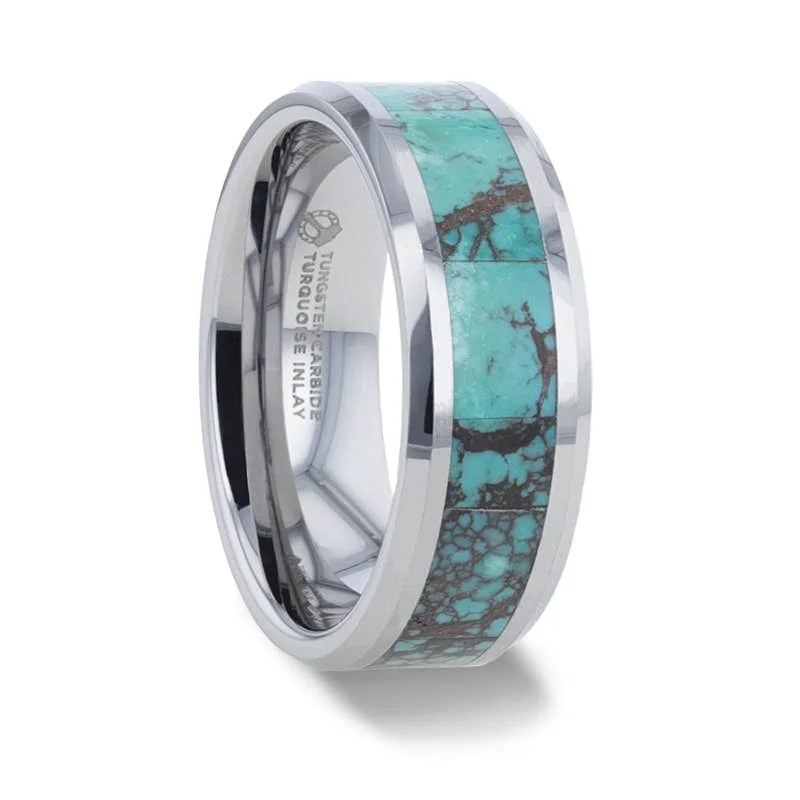 Ladies Rings with Rose Kunzite-Thorsten TURKIS Turquoise Spider Web Inlay Tungsten Carbide ring with Beveled Polished Edges - 8mm