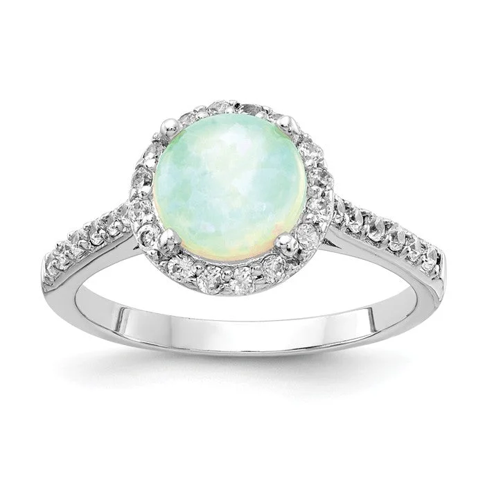 Ladies Rings with Yellow Xenotime-Cheryl M Sterling Silver Round Lab Created White Opal and CZ Halo Ring