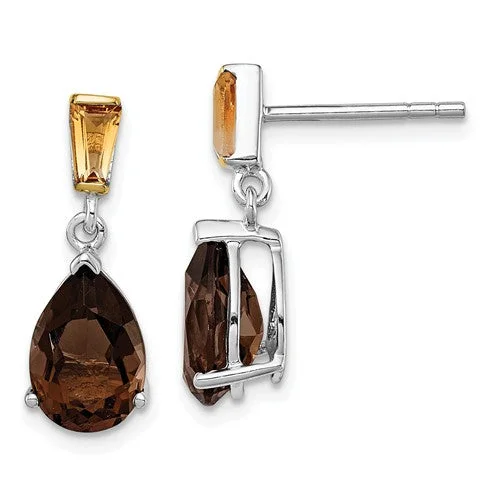 Ladies Earrings with Wave Shine-Sterling Silver And 14K Yellow Gold Smoky Quartz Pear And Citrine Earrings