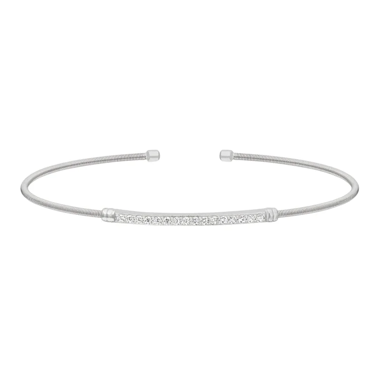 Ladies petal crown bracelets -Rhodium Finish Sterling Silver Cable Cuff Bracelet with Simulated Diamond Birth Gems - April