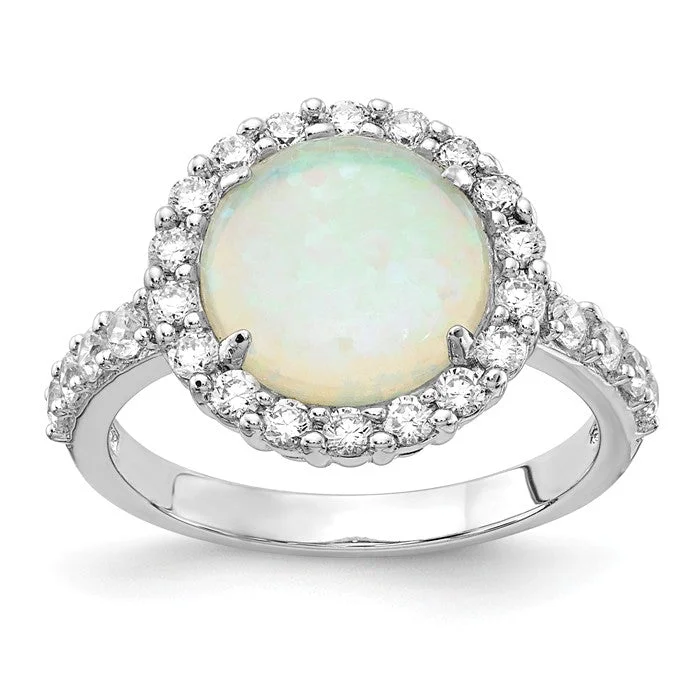 Cheryl M Sterling Silver Round White Created Opal & CZ Halo Ring