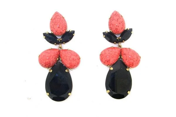 Ladies Earrings with Coral Glow-Coral and Black earrings  Glass and Crystal Chandelier Pierced by Frangos