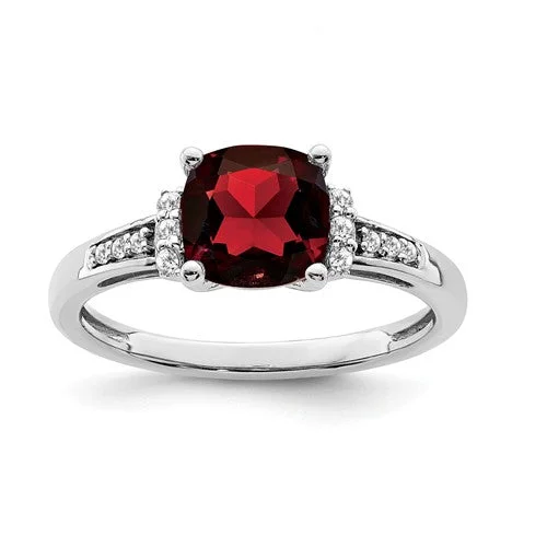 Ladies Rings for Aunt Shine-14k White Gold Garnet Cushion and Diamond Ring