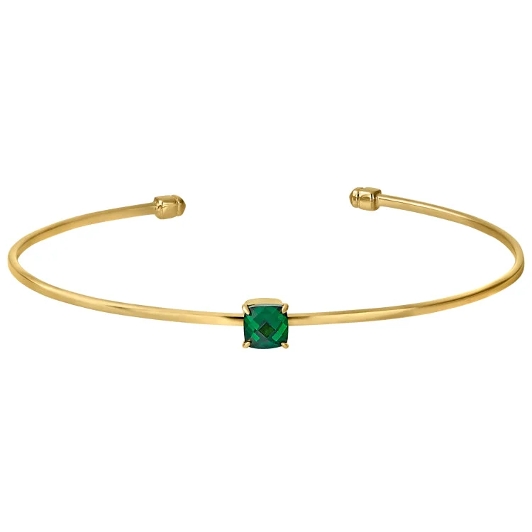 Ladies wanderlust journey bracelets -Gold Finish Sterling Silver Pliable Cuff Bracelet with Faceted Cushion Cut Simulated Emerald Birth Gem - May