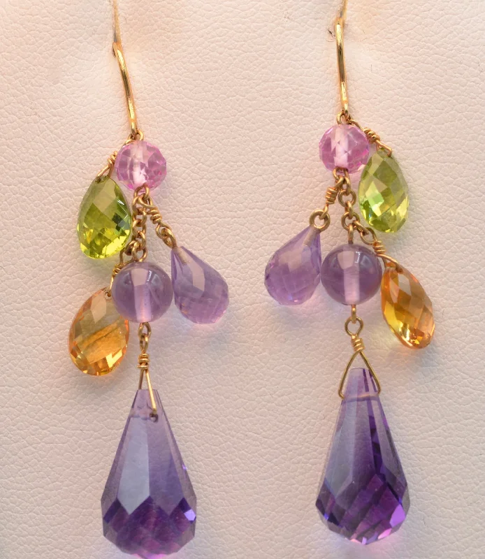 Ladies Earrings with Stellar Gems-14K yellow gold 2" long dangle earrings with Amethysts, Peridots and Citrines