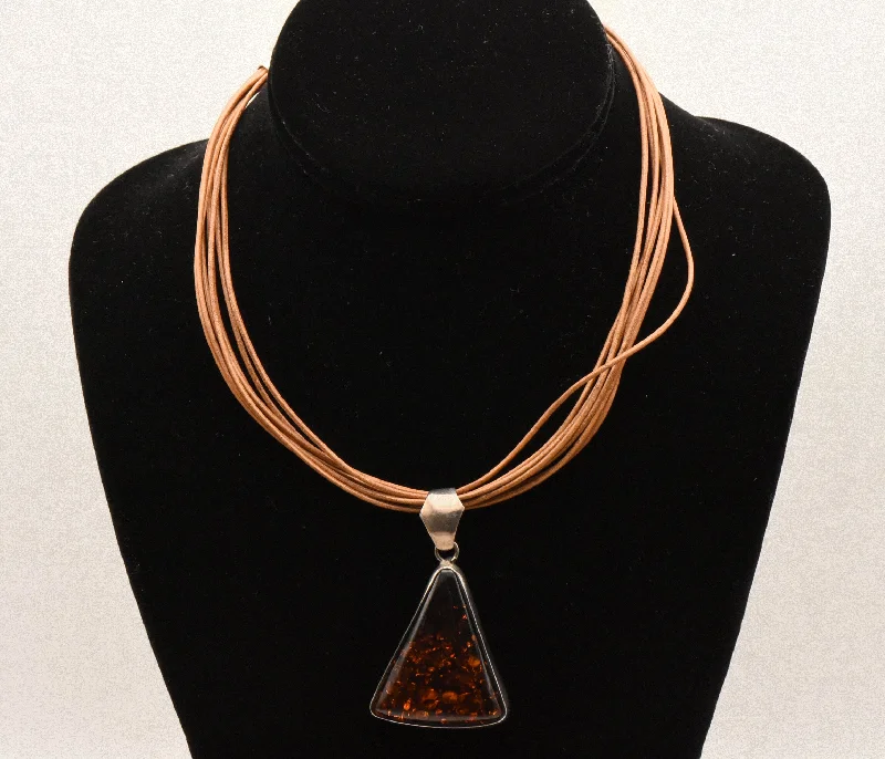 Dragon flare necklaces -Vintage Triangular Amber Pendant on Multi Cord Necklace - 16"