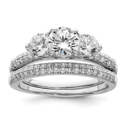 Ladies Engagement Rings Angel Shine-Sterling Silver CZ 3 Stone Pave Band Engagement Ring Set