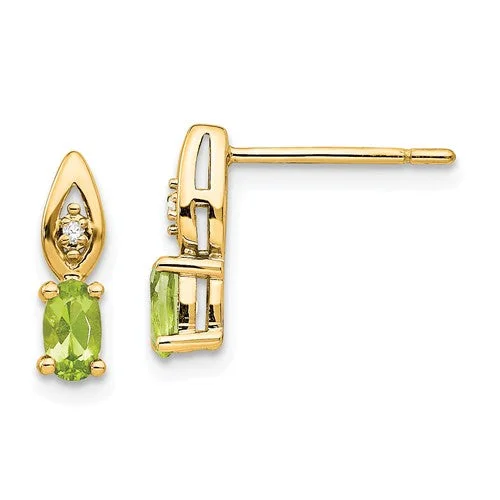 Ladies Earrings with Bright Sunstone-14k Yellow Gold Oval Peridot & Diamond Earrings