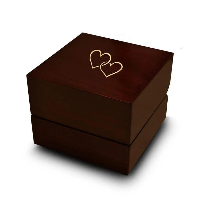 Ladies Engagement Rings with Opal Spark-Double Heart Shaped Symbol Engraved Wood Ring Box Chocolate Dark Wood Personalized Wooden Wedding Ring Box