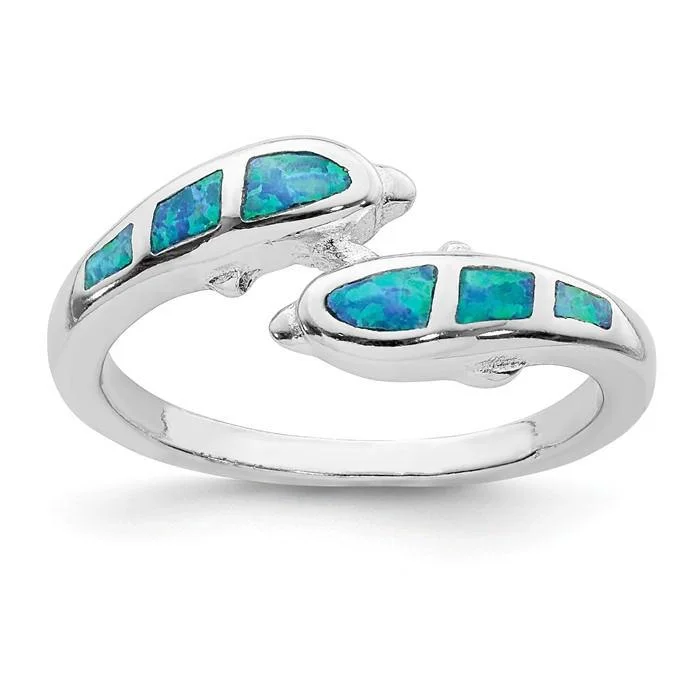 Ladies Rings Slim Glow-Sterling Silver Created Blue Opal Dolphins Ring