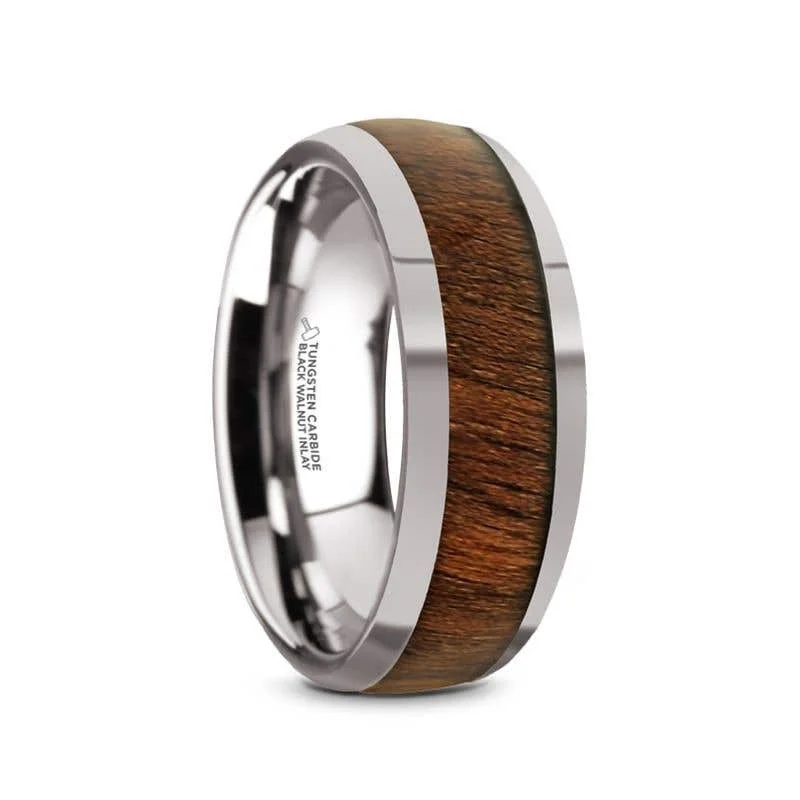 Ladies Engagement Rings with Richterite Glow-Thorsten JUGLAN Tungsten Carbide Polished Finish Men’s Domed Wedding Ring with Exotic Black Walnut Wood Inlay - 8mm